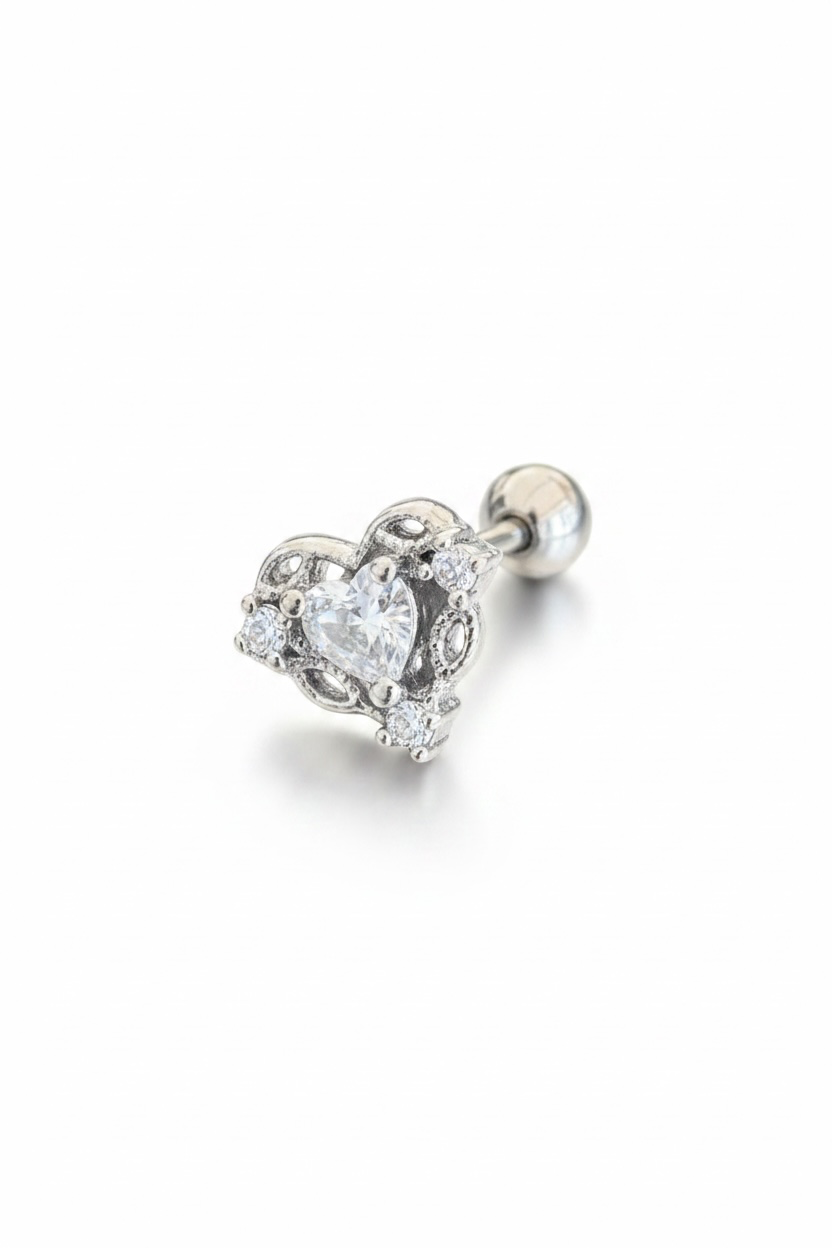 Gümüş Renk Kalp Figürlü Taşlı Cerrahi Çelik Tragus/Kıkırdak Küpe/Piercing (Tek)