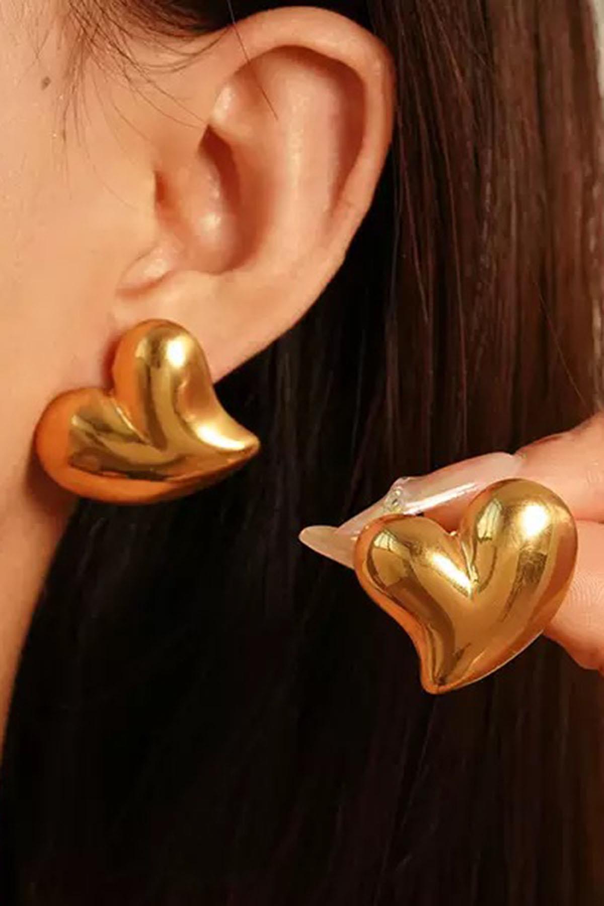 Altın Renk Kalp Figürlü Çelik Küpe (Çift)