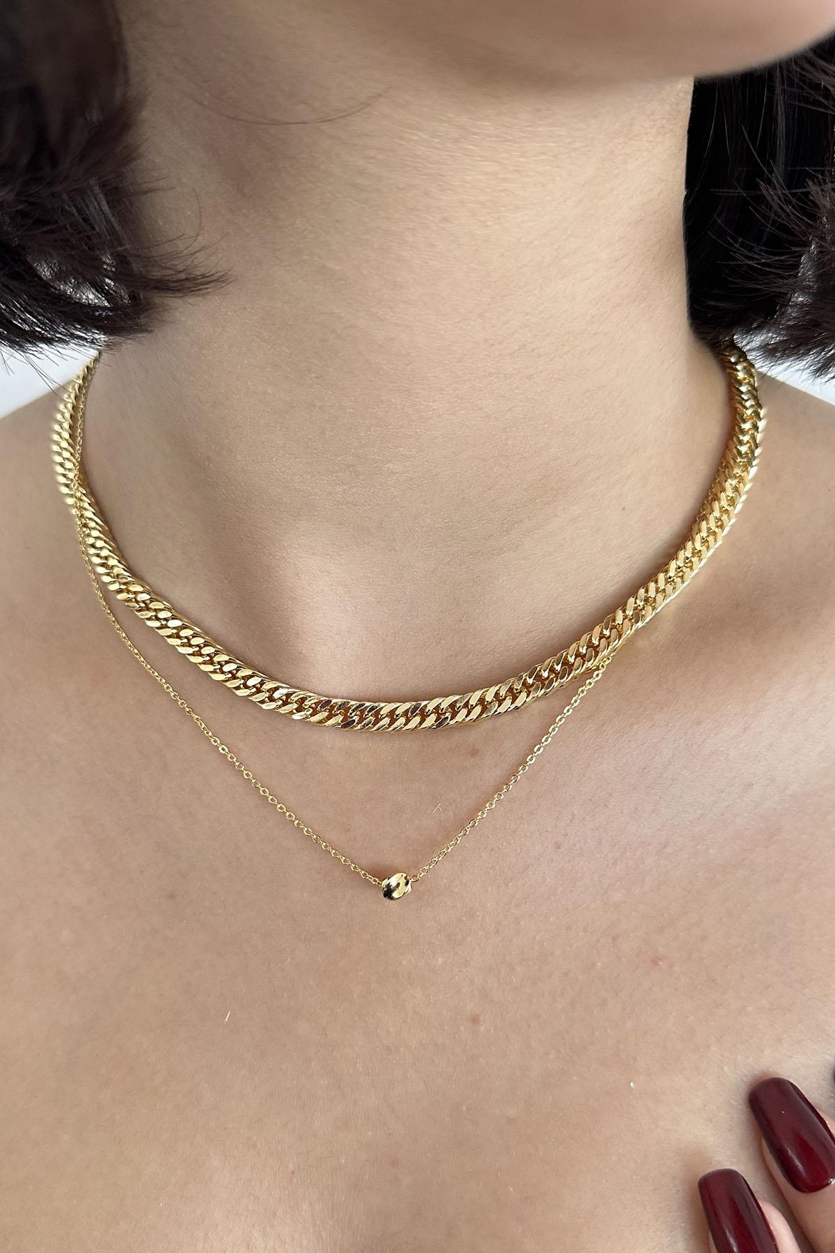 Altın Renk Zincir Detaylı İkili Kolye