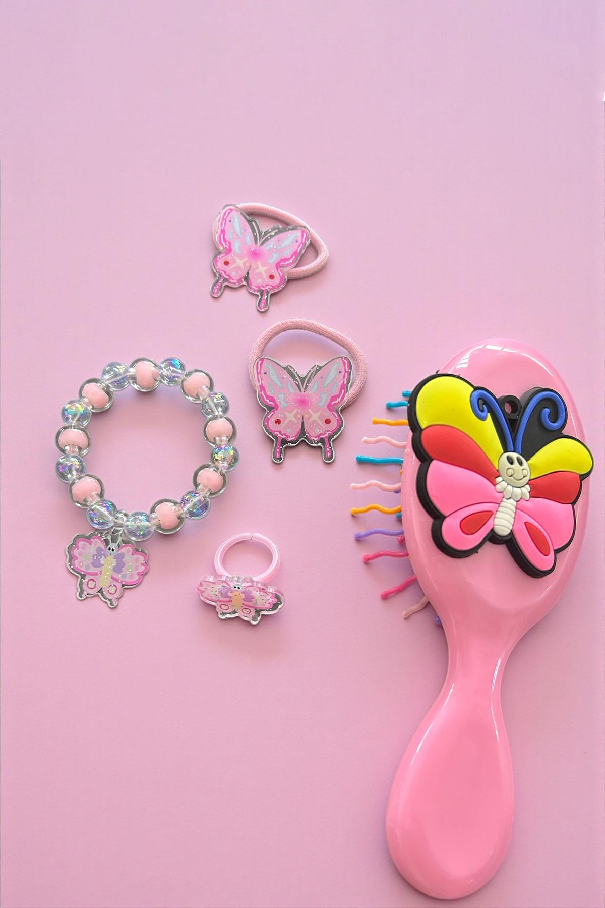 Pembe Renk Kelebek Figürlü Tarak /Bileklik /Yüzük Ve Toka Set
