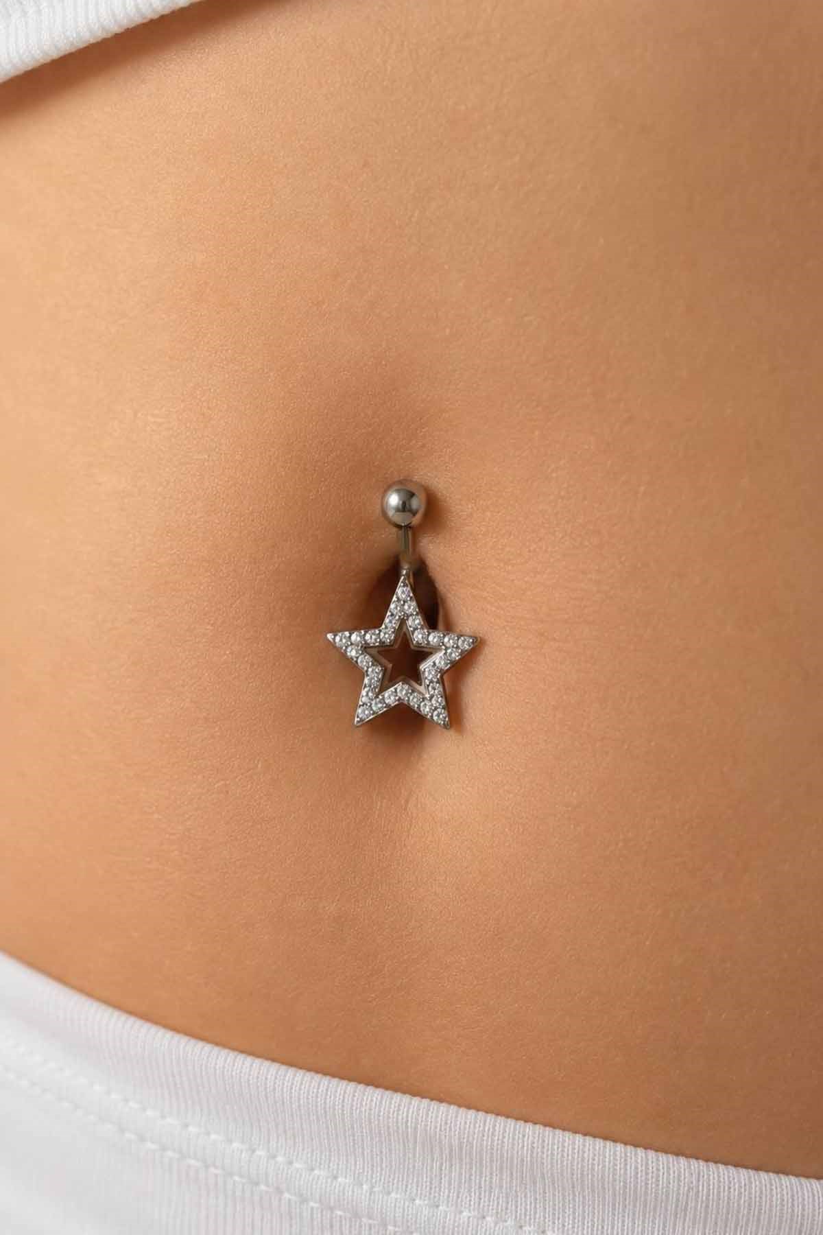 Gümüş Renk Yıldız Figürlü Taşlı Cerrahi Çelik Göbek Piercing