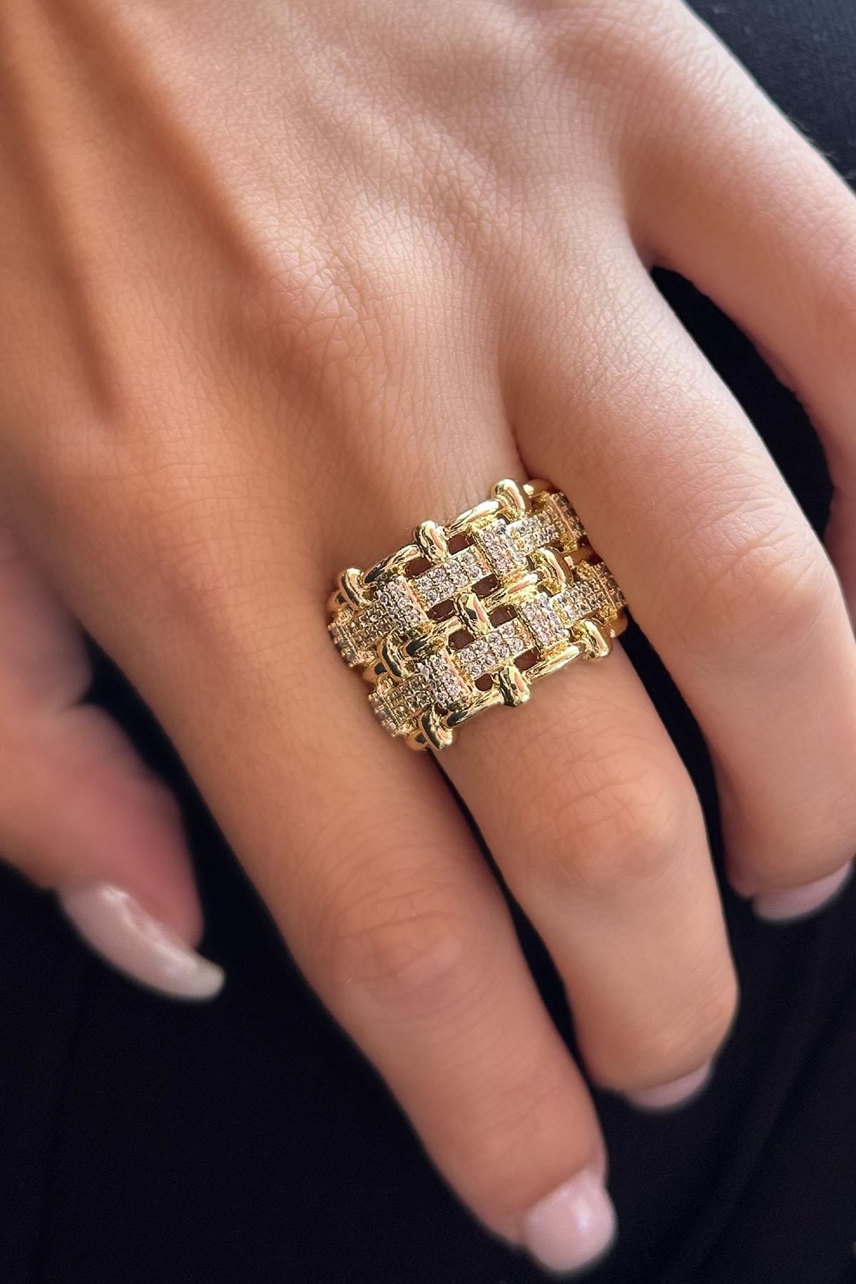 Altın Renk Taş Detaylı Ayarlanabilir YSX Yüzük