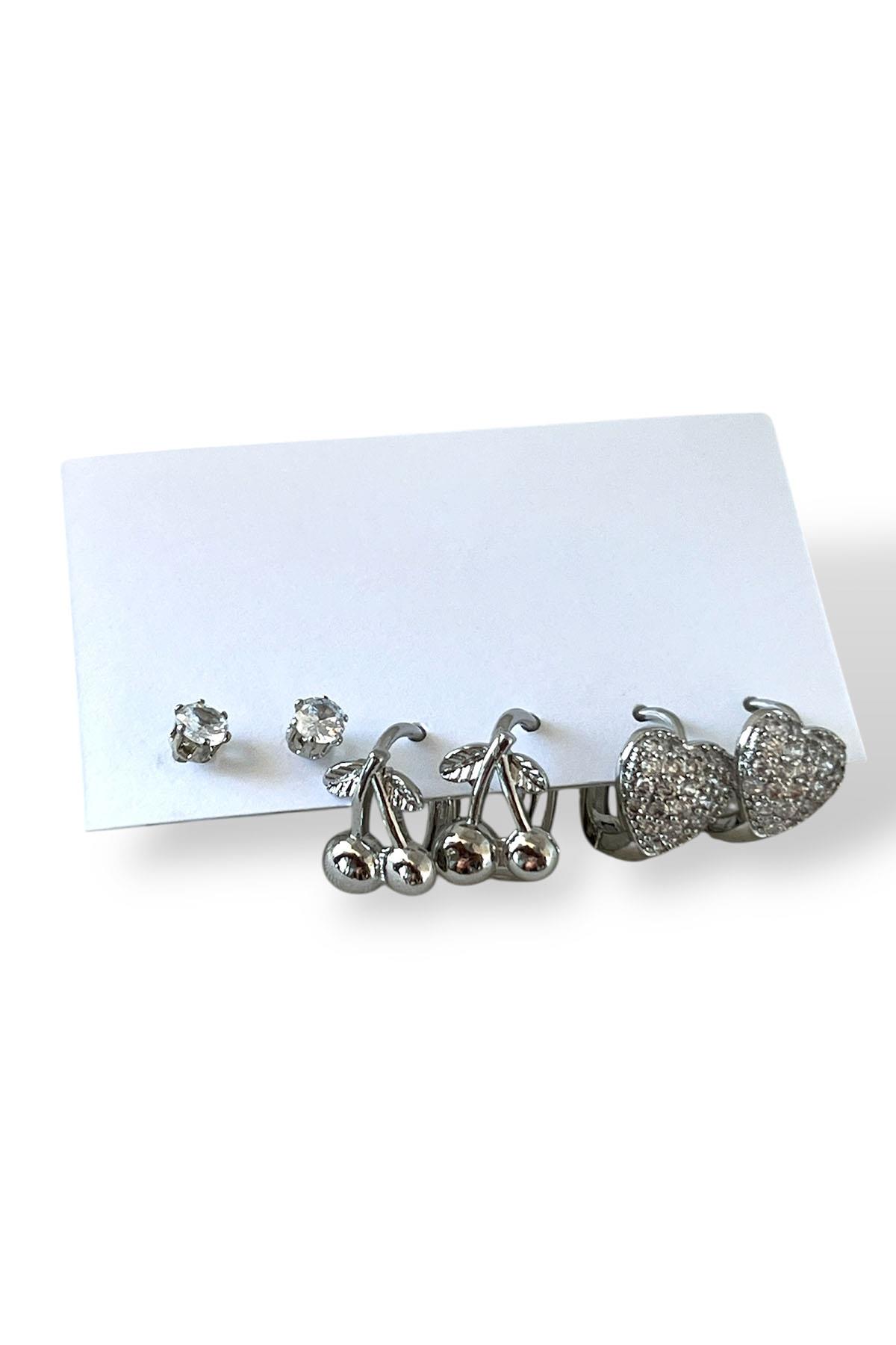 Gümüş Renk Karışık Figürlü Taş Detaylı 6'lı  Küpe Set