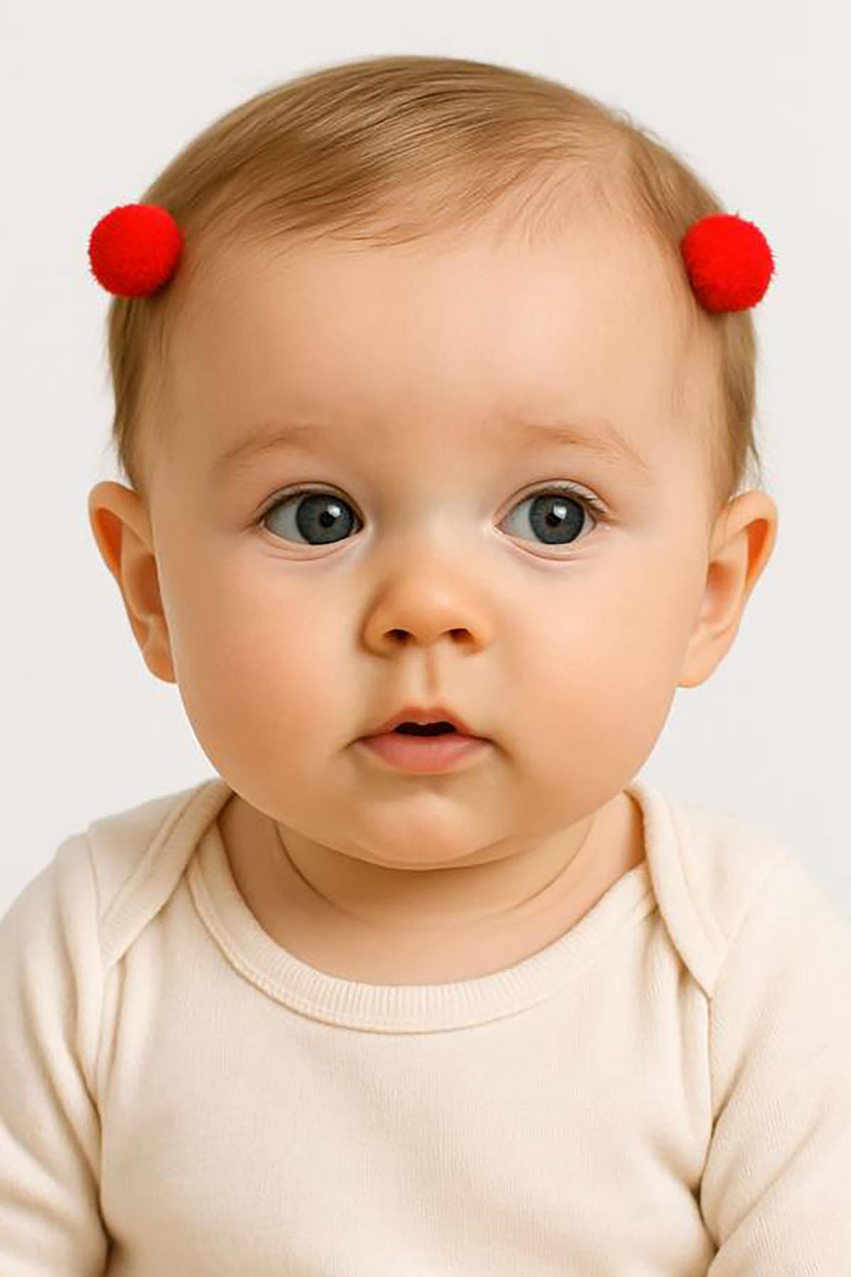 2'li Kırmızı Renk Ponponlu Saçsız Bebek Tokası