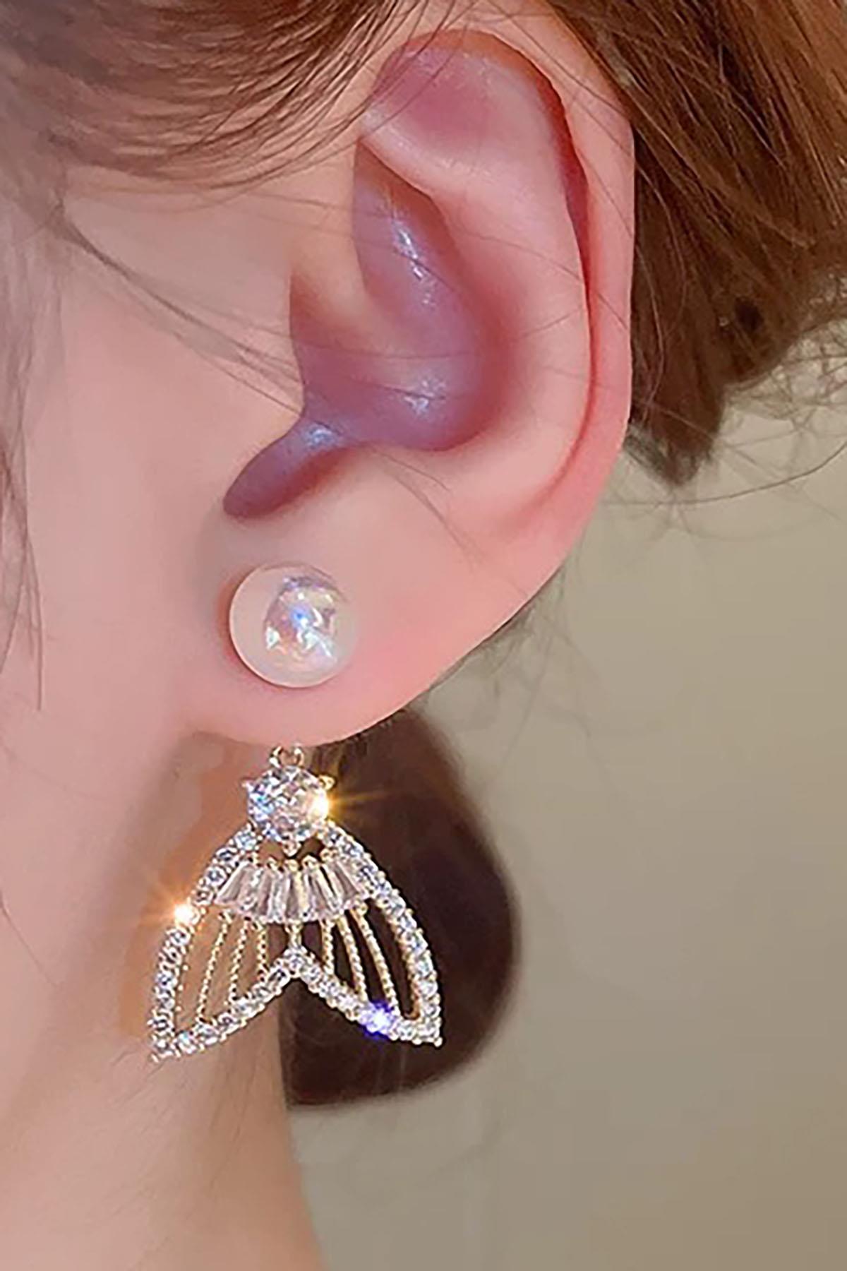 Altın Renk Taş Ve İnci Detaylı 14K Altın Kaplama Küpe (Çift)