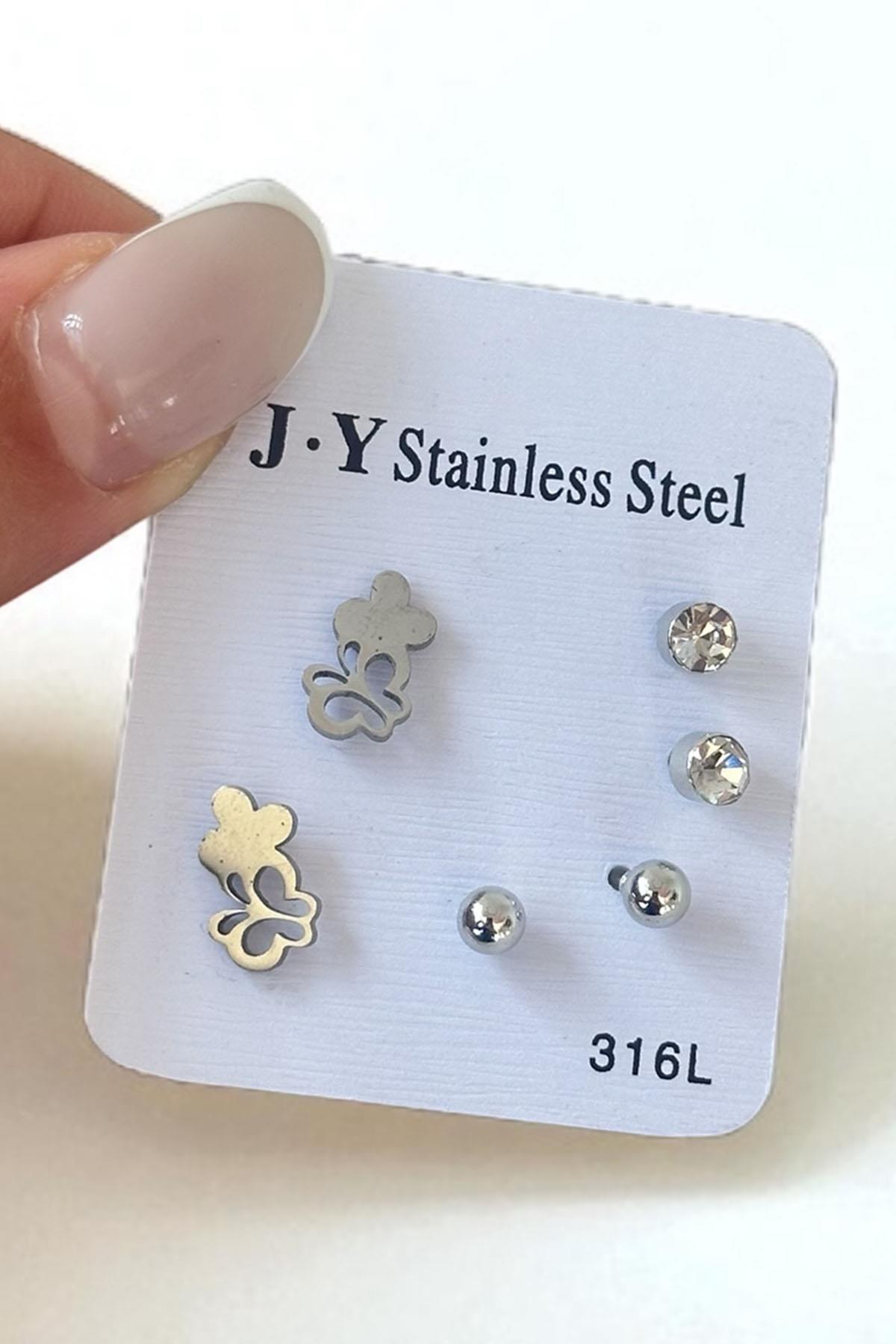 Gümüş Renk 6'lı Karışık Figürlü Çelik Küpe Set