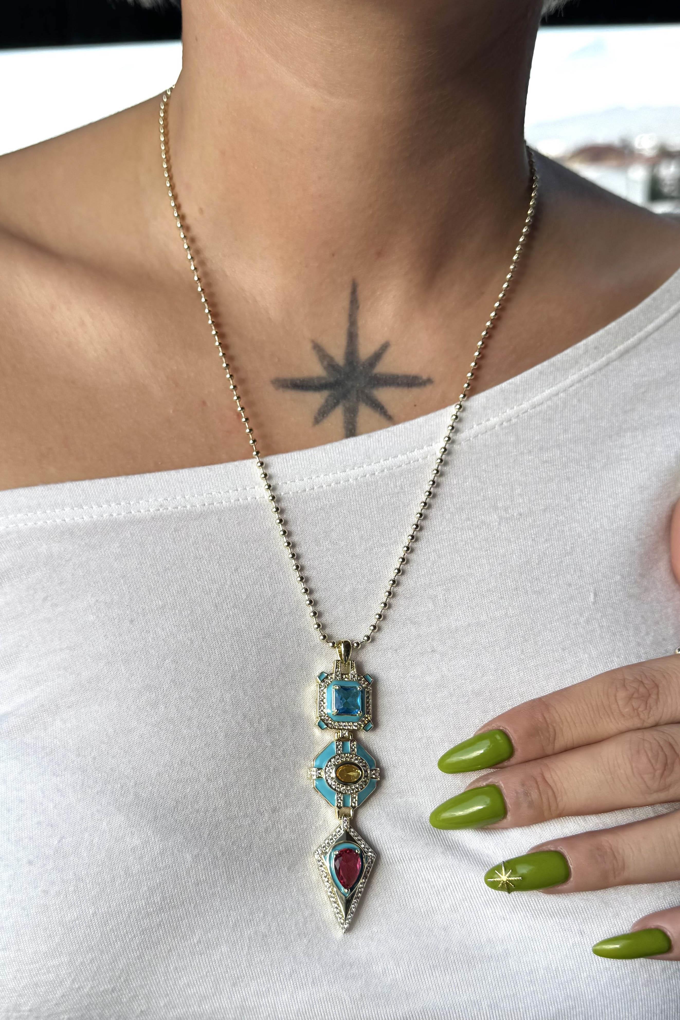 Altın Ve Mavi Renk Taş Detaylı 14K Altın Kaplama VİP Kolye