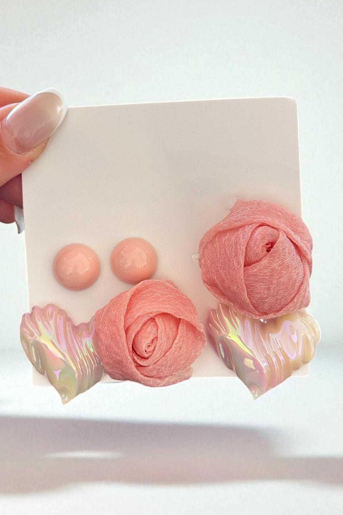 Pembe Renk Çiçek Figürlü Kalp Detaylı 6'lı Küpe Set