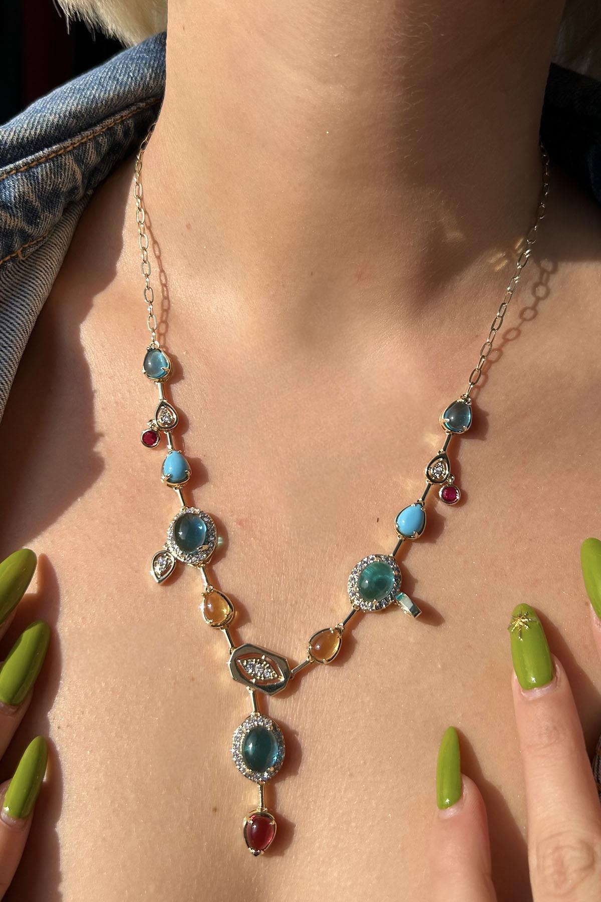 Altın Renk Taş Detaylı 14K Altın Kaplama VİP Kolye