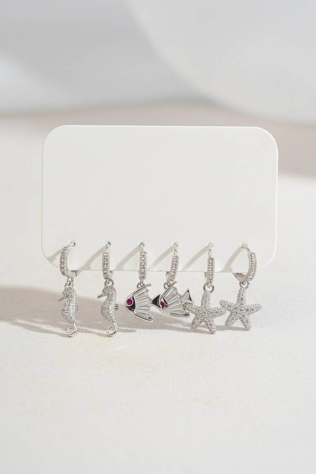 Gümüş Renk 6'lı Karışık Figürlü Set Küpe