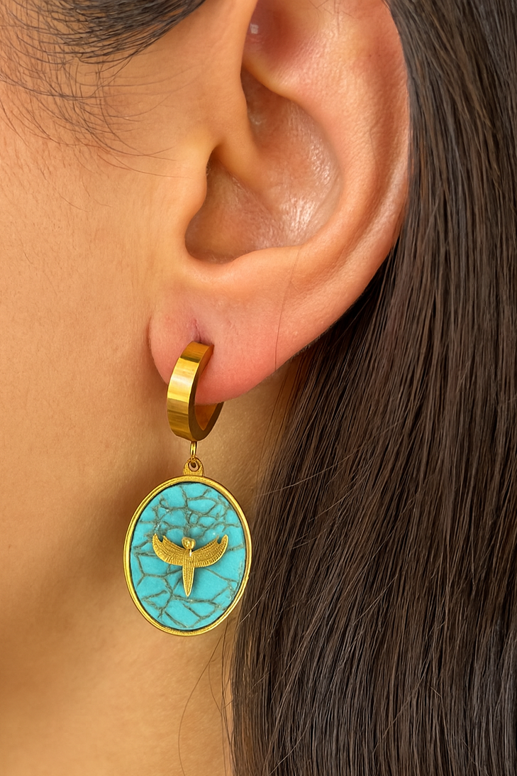 Altın Ve Mavi Renk Kuş Figürlü Çelik Küpe (Çift)