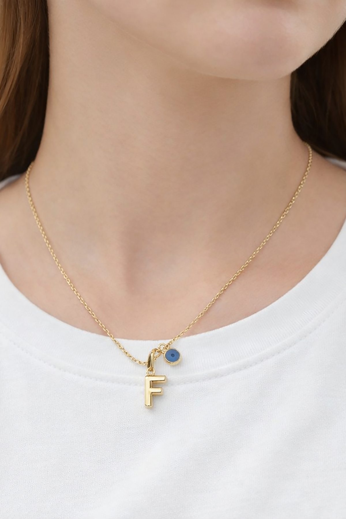 Altın Renk F Harfli Nazar Boncuk Detaylı Çelik Kolye