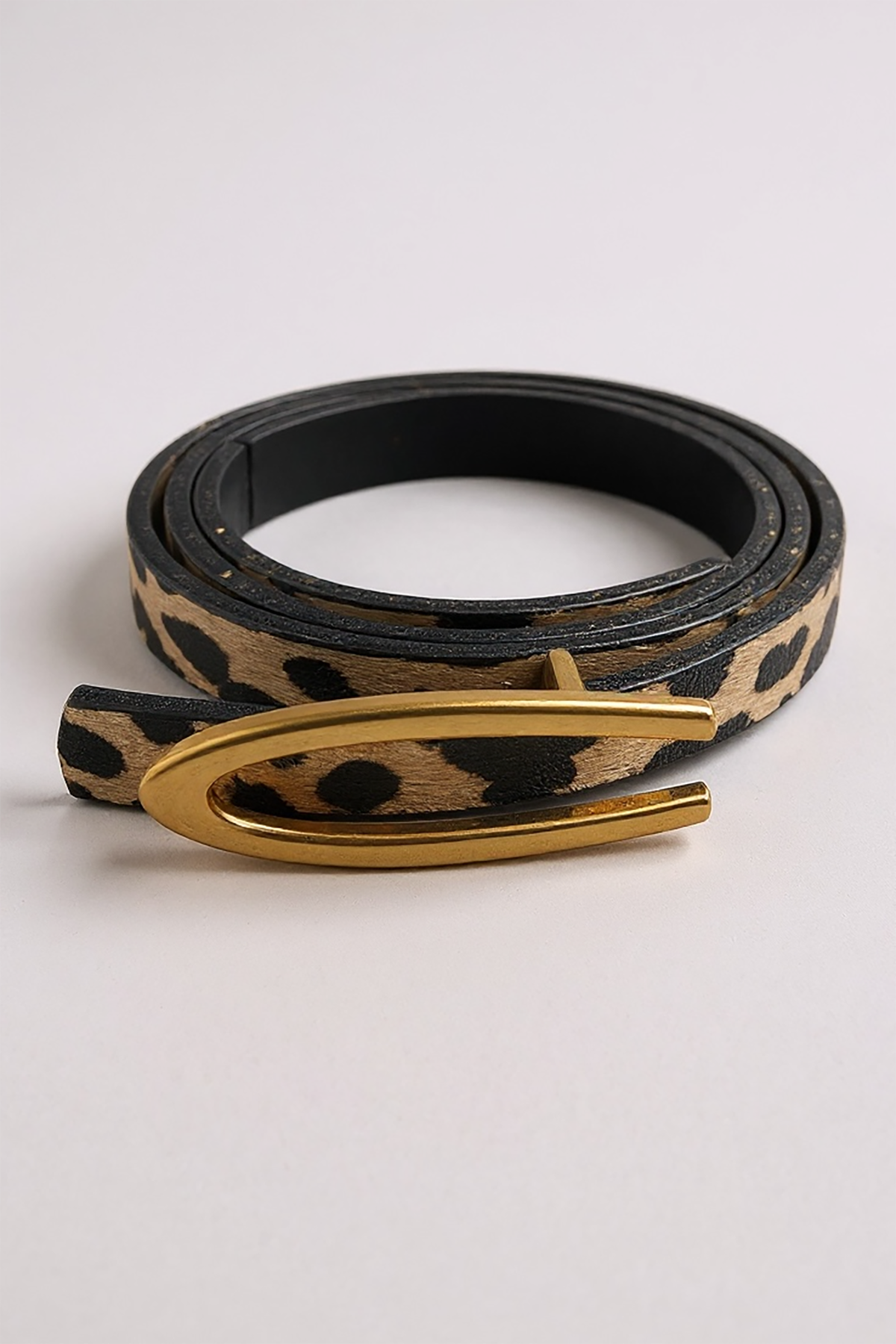 Altın Renk Leopar Desenli Kadın Deri Kemer