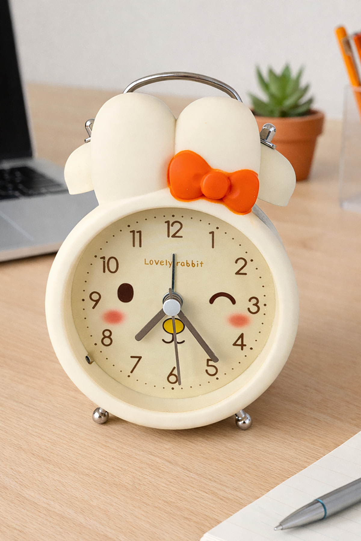 Sarı Renk Tavşan Figürlü Mini Dekoratif Işıklı Alarmlı Yuvarlak Masa Saati