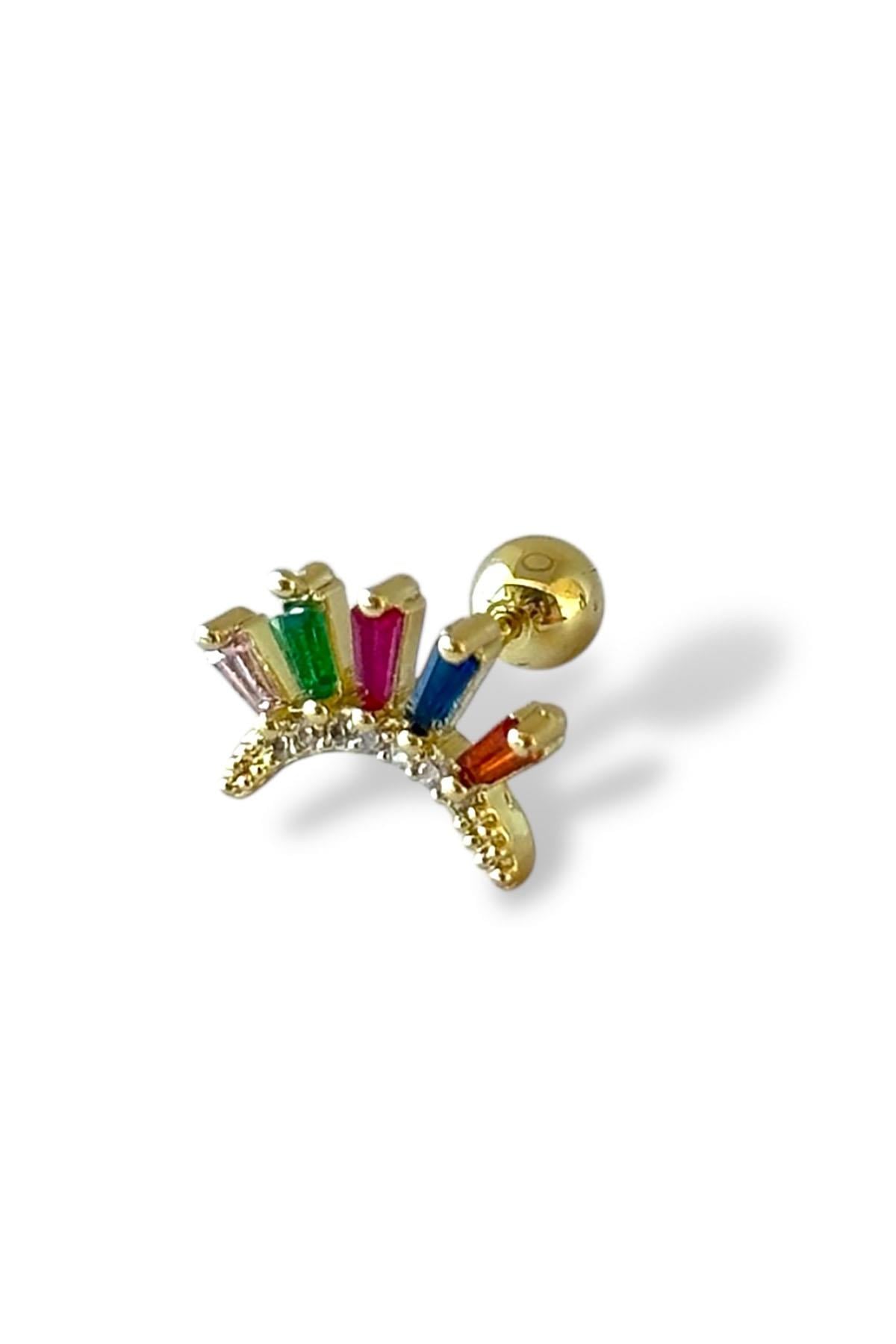 Altın Renk Taş Detaylı Çelik Tragus/Kıkırdak Küpe/Piercing (Tek)