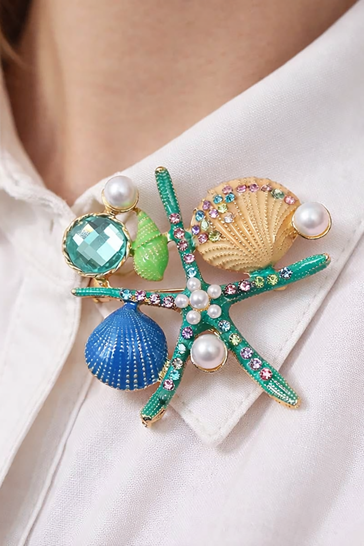 Karışık Renk Deniz Yıldızı Figürlü Taşlı Broş  