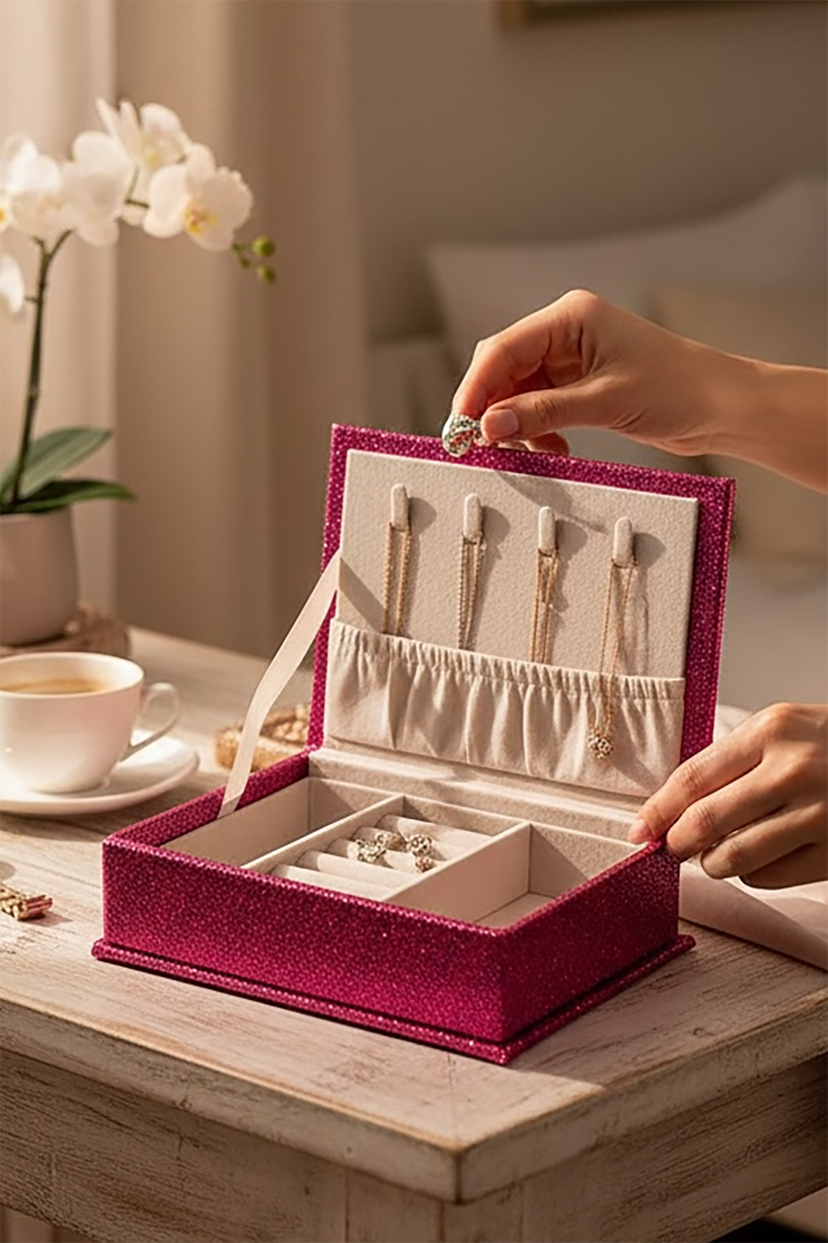 Pembe Renk Sim Detaylı Takı Kutusu