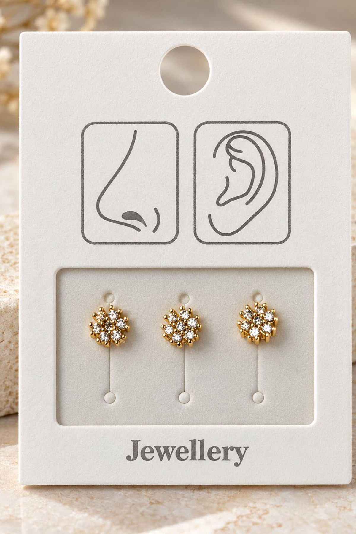 Altın Renk Çiçek Figürlü Deliksiz Kulak/Burun 3'lü Piercing Set
