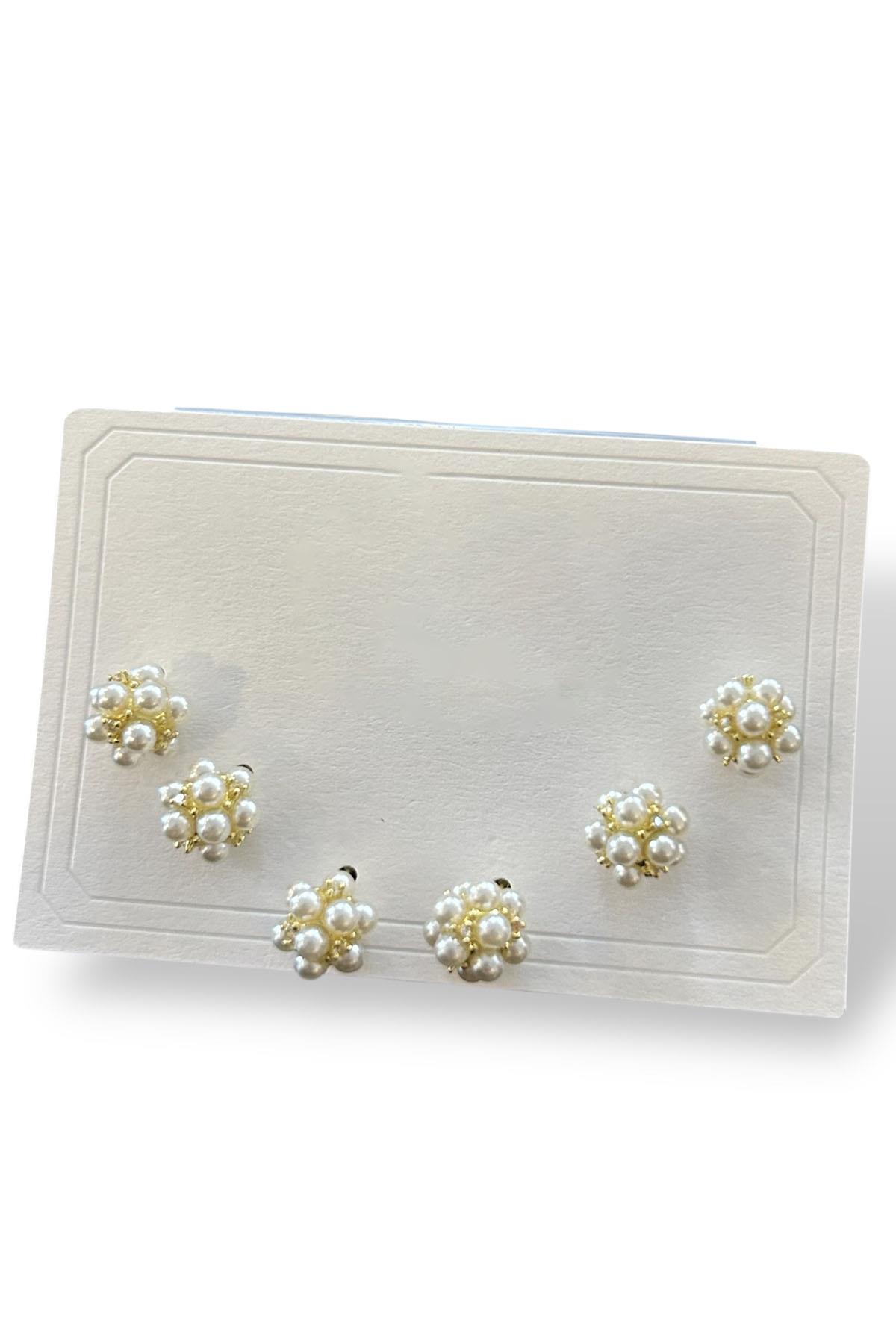 6'lı Altın Renk İnci Detaylı 14k Altın Kaplama Küpe et