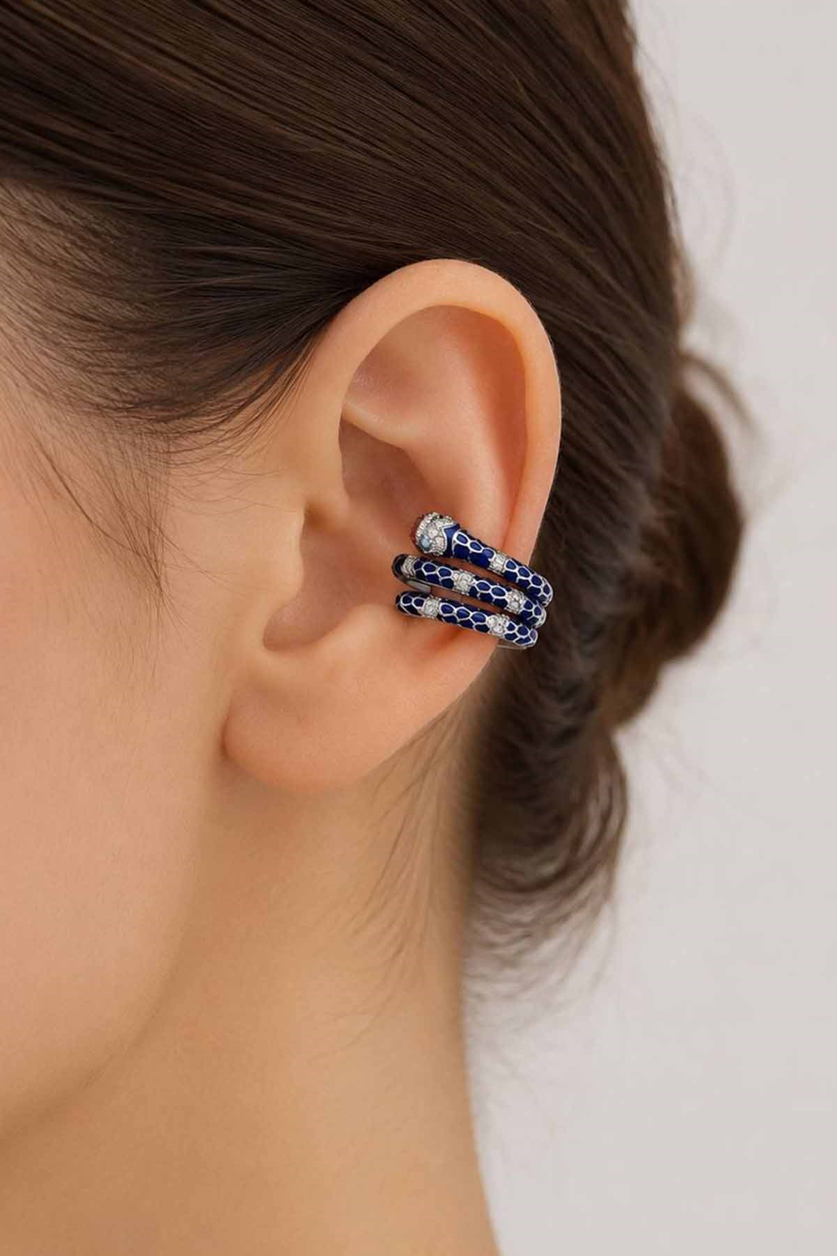 Gümüş Renk Yılan Figürlü Taş Detaylı TX Ear Cuff (Tek)
