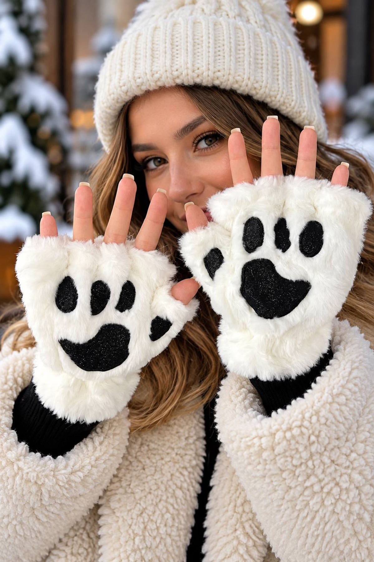 Beyaz Ve Siyah Renk Patili Peluş Eldiven