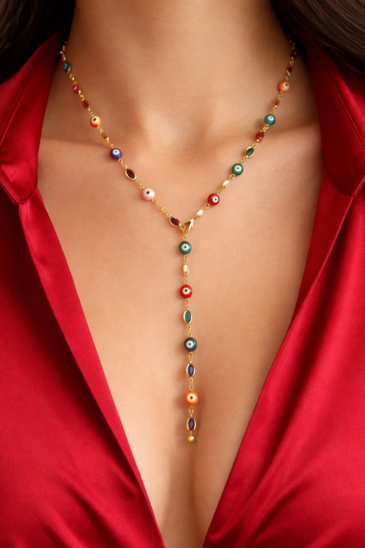 Altın Renk Göz Detaylı Taşlı Çelik Y Kolye