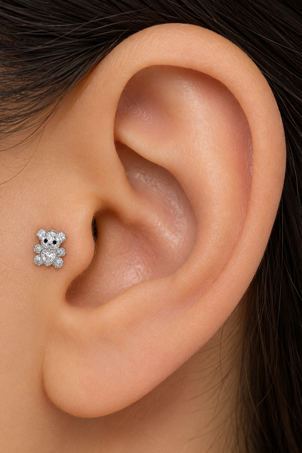 Gümüş  Renk Ayıcık Figürlü   Taşlı Cerrahi Çelik Tragus/Kıkırdak Küpe/Piercing (Tek)