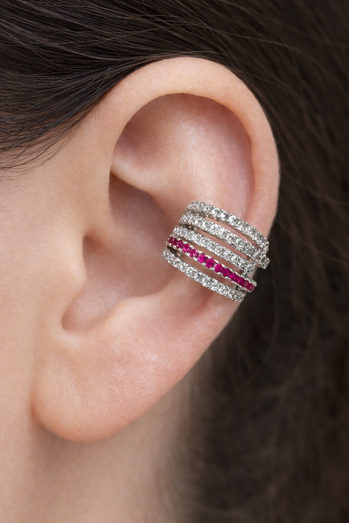 Gümüş Renk Taş Detaylı 14K Altın Kaplama TX Ear Cuff (Tek)