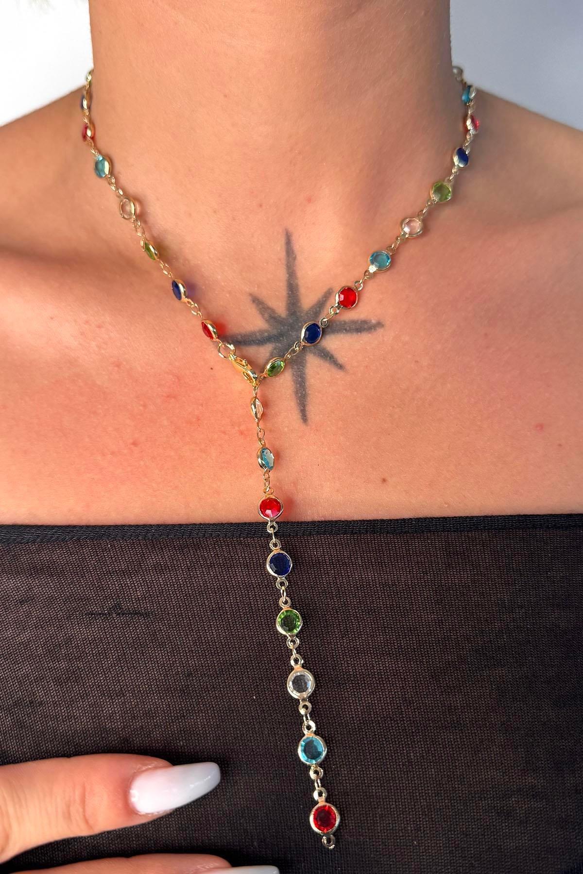 Altın Renk Taş Detaylı Çelik Y Kolye