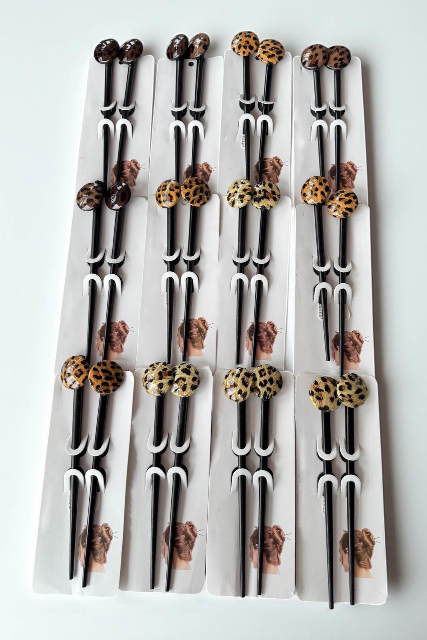 12'li Karışık Renk Leopar Desenli Topuz Kalemi/ Tokası Set