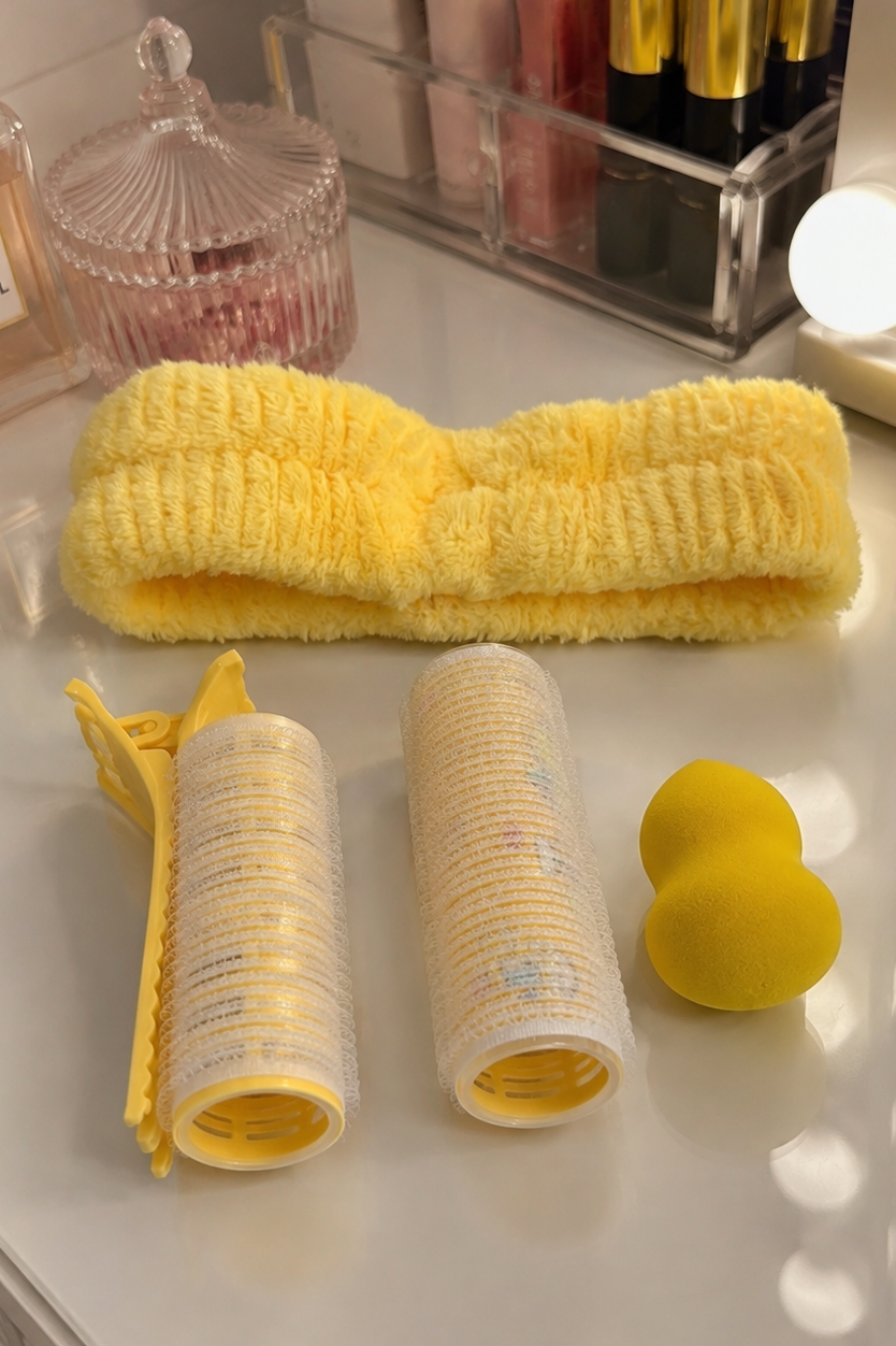 Sarı Renk Peluş Saç Bandı, Bigudi Ve Makyaj Sünger Set