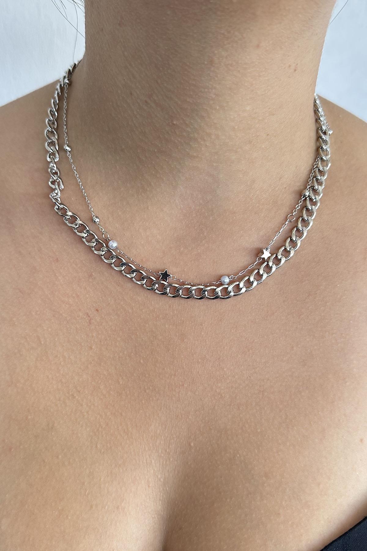 Gümüş Renk Yıldız Figürlü İnci Detaylı  İkili Kolye