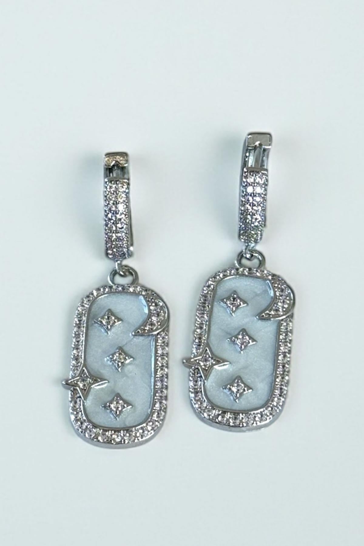 Gümüş Renk Ay Ve Yıldız Figürlü Taş Detaylı Küpe (Çift)