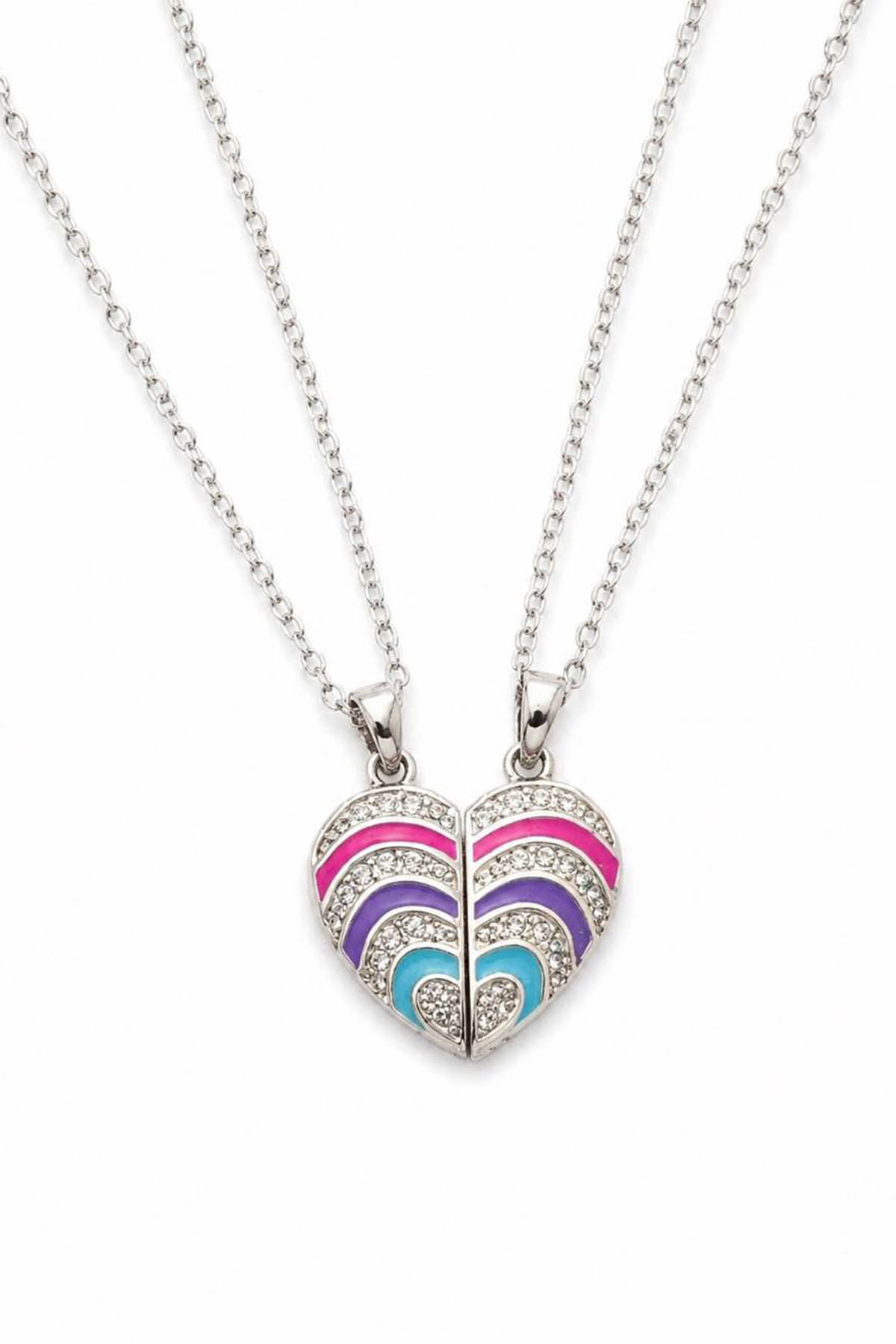 Gümüş Renk Kalp Figürlü Taş Detaylı Mıknatıslı Çelik Arkadaşlık Kolyesi