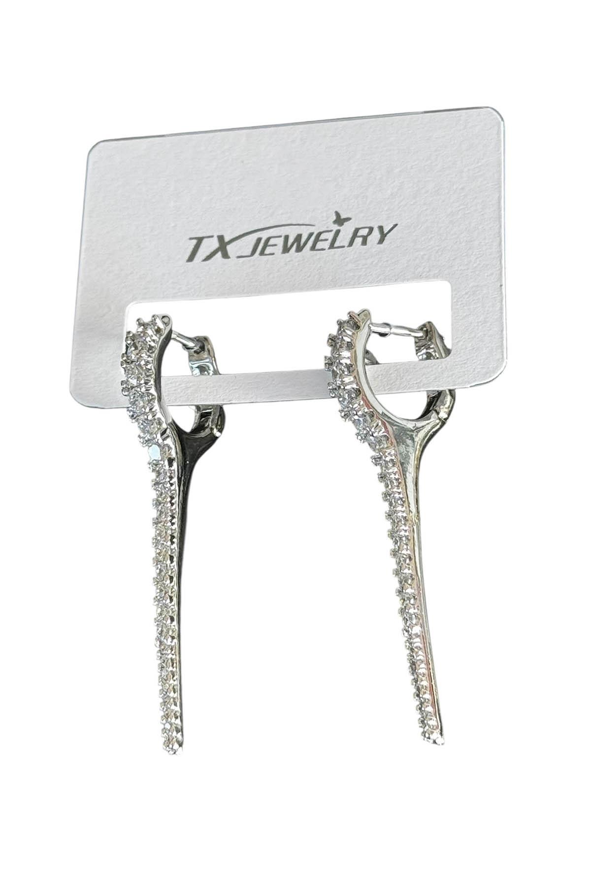 Gümüş Renk Taş Detaylı 14K Altın Kaplama TX Küpe (Çift)