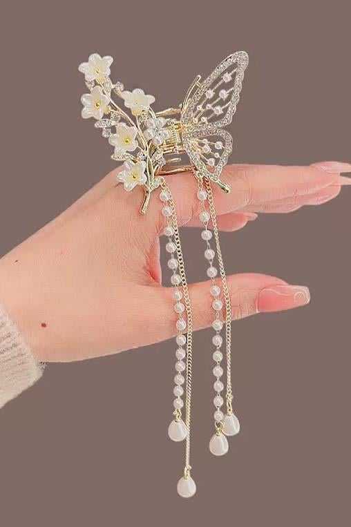 Altın Renk Kelebek Figürlü İnci Detaylı Metal Mandal Toka