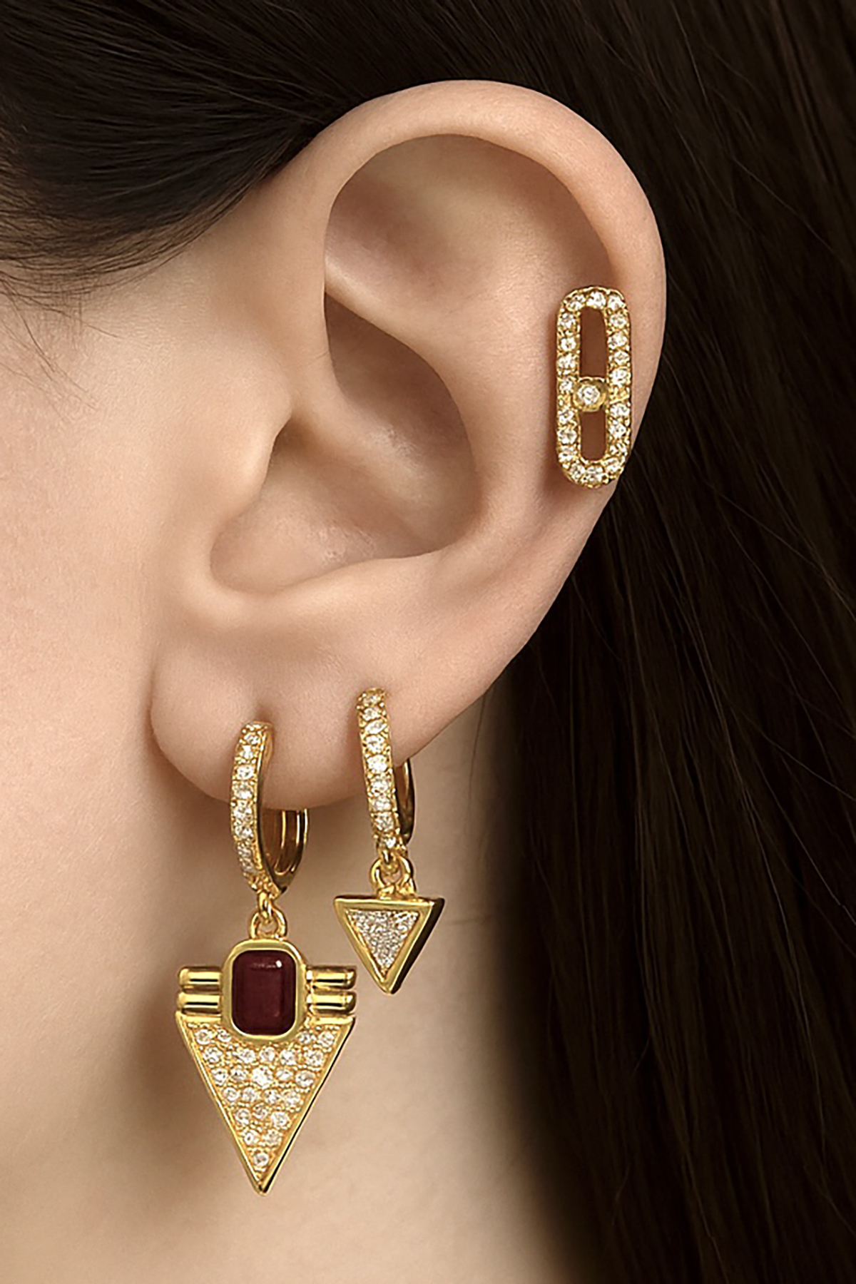 Altın Renk Taş Detaylı VİP 3'lü YSX Küpe Set