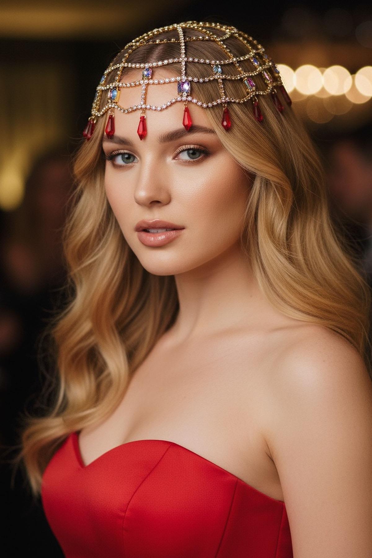 Altın Renk Kırmızı Taş Detaylı Saç Aksesuarı/ Kına Aksesuarı