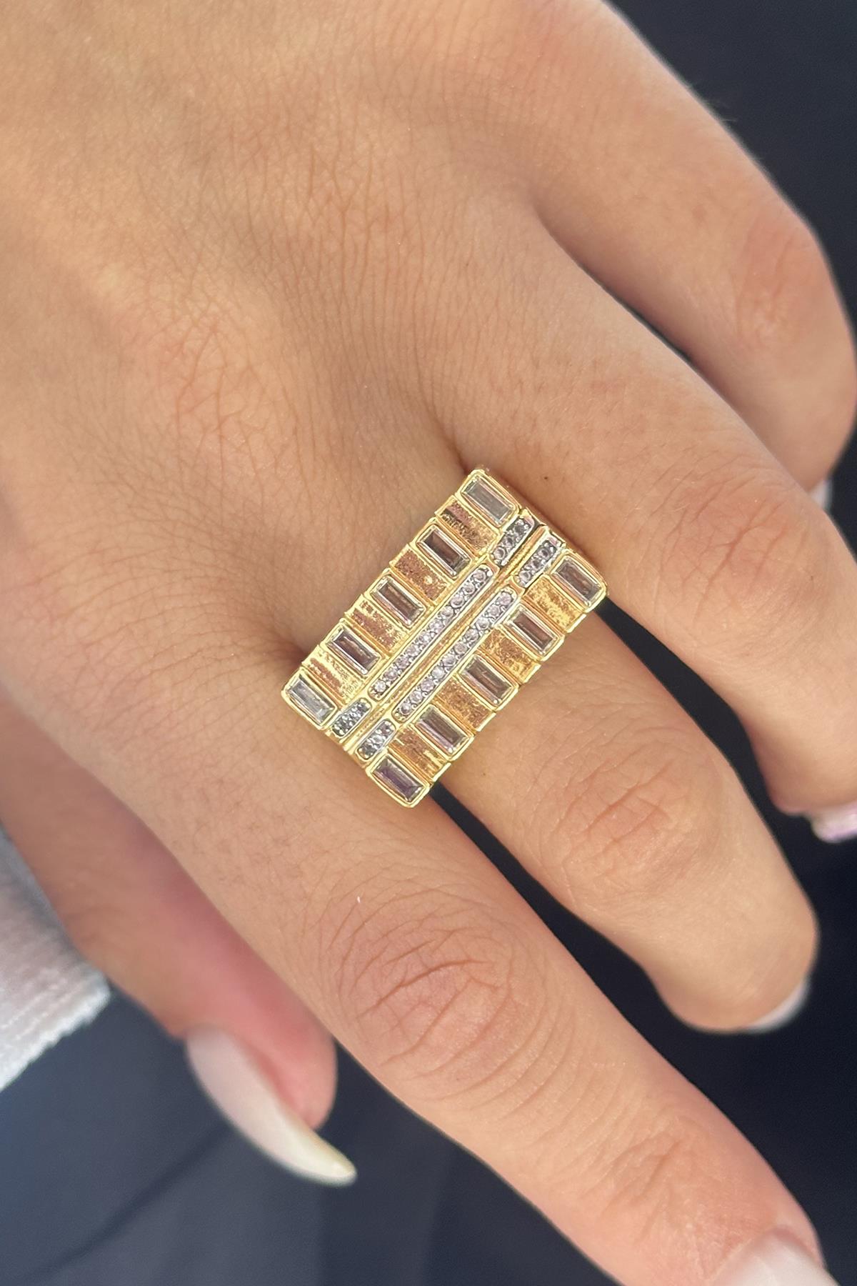 Altın Renk Taş Detaylı Ayarlanabilir Yüzük