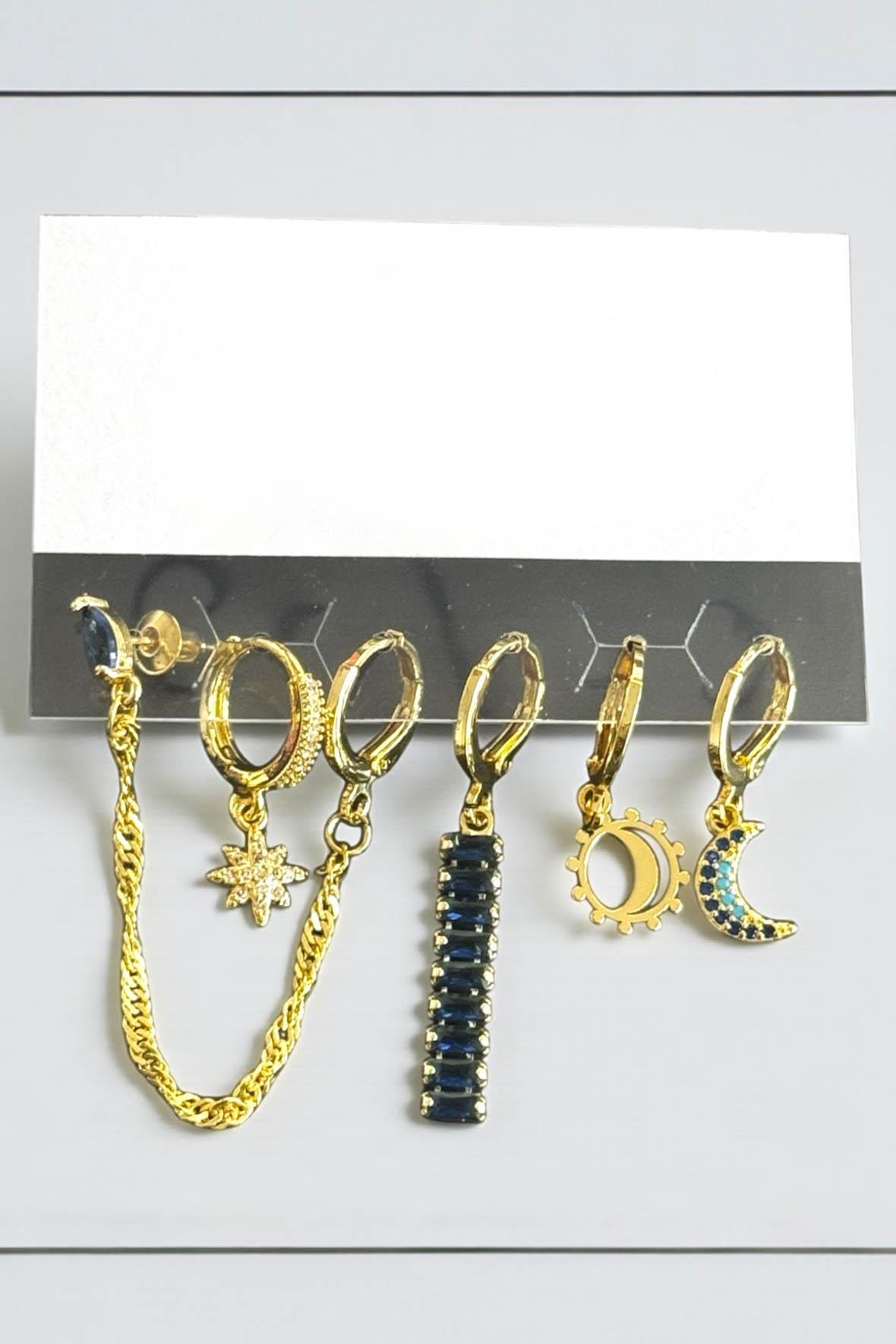 6'lı Altın Renk Taş Detaylı Küpe Set