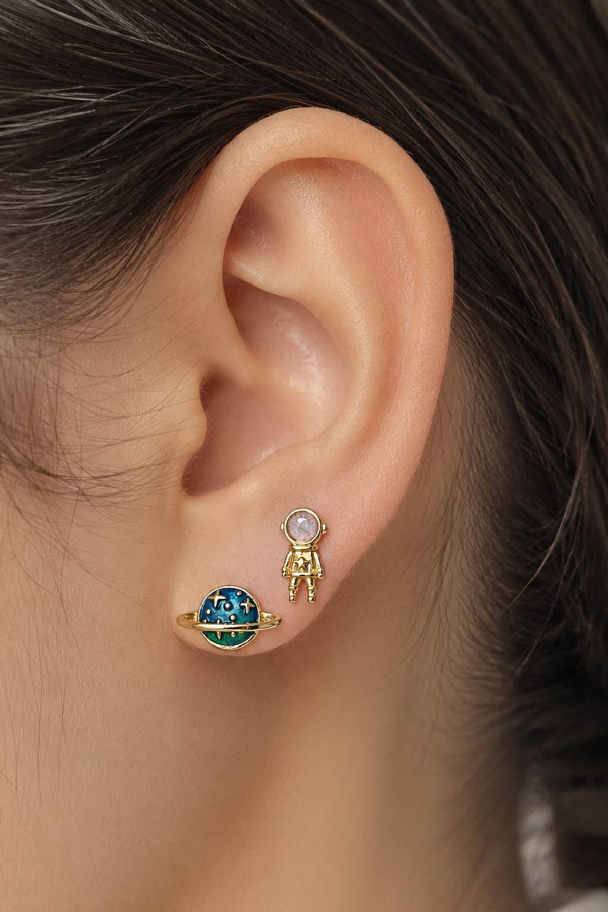 2'li Altın Renk Karışık Figürlü Taş Detaylı Tx Tragus/Kıkırdak Küpe/Piercing 