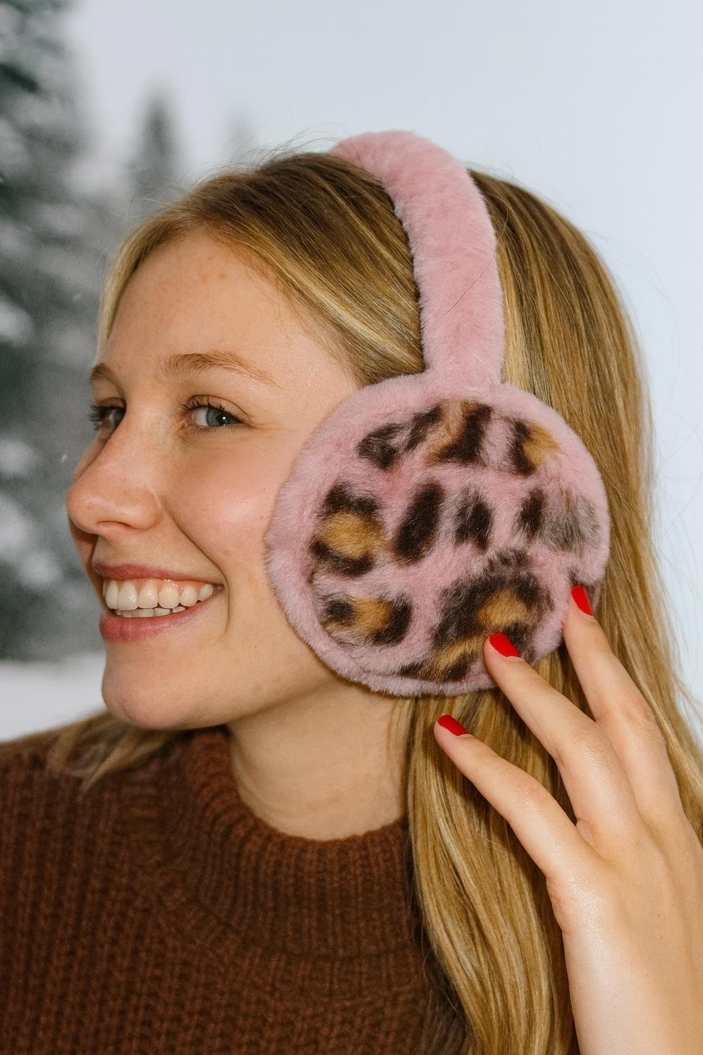 Koyu Pembe Renk Leopar Detaylı Peluş Kulaklık