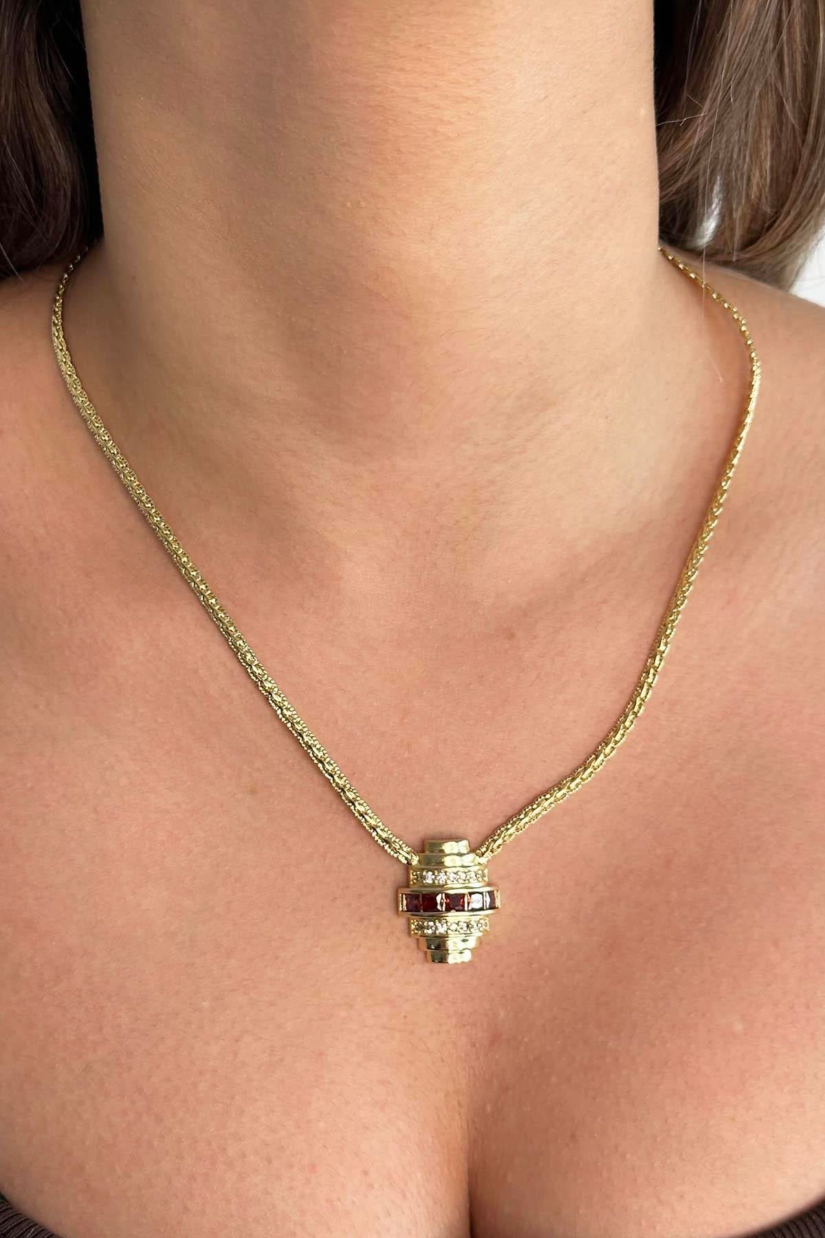 Altın Renk Taş Detaylı 14K Altın Kaplama Vip Kolye