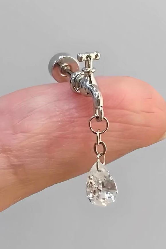 Gümüş Renk Musluk Figürlü Taşlı Cerrahi Çelik Tragus/Kıkırdak Küpe/Piercing (Tek)
