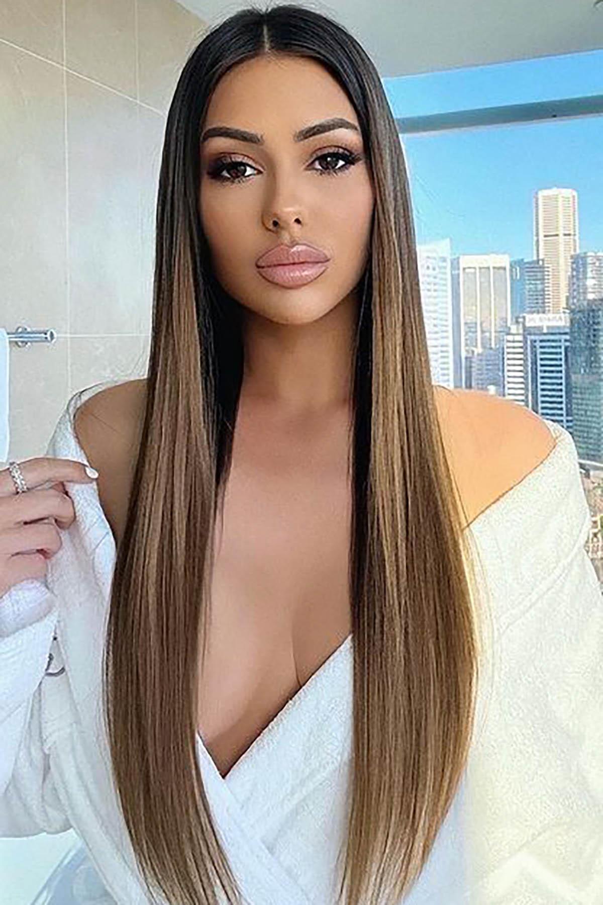 Heat resistant half -moon snap hair - 2h6 - brown balancing - flat - 60 cm - 110 gr