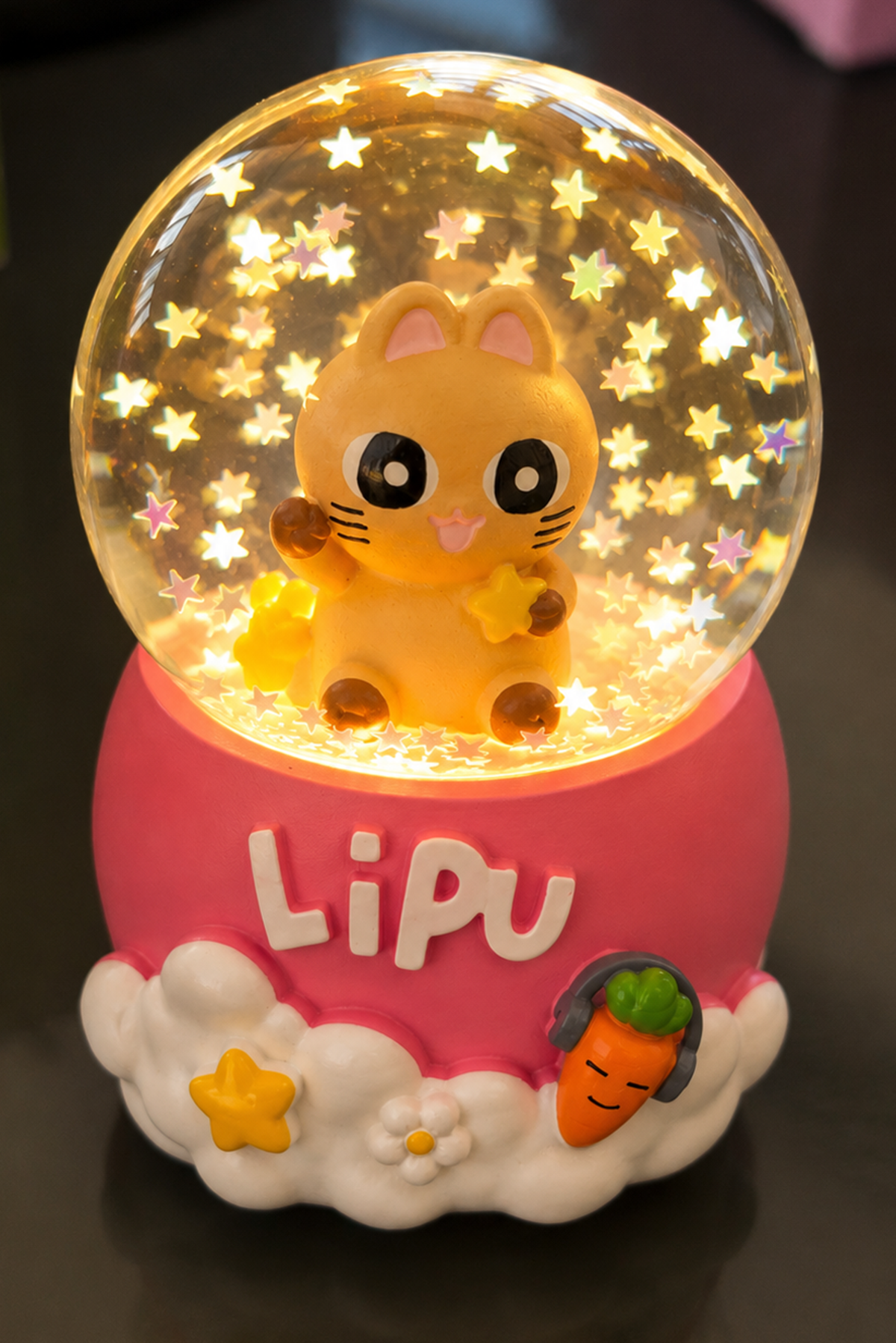 Pembe Renk Kedi Figürlü Işıklı Mini Küre