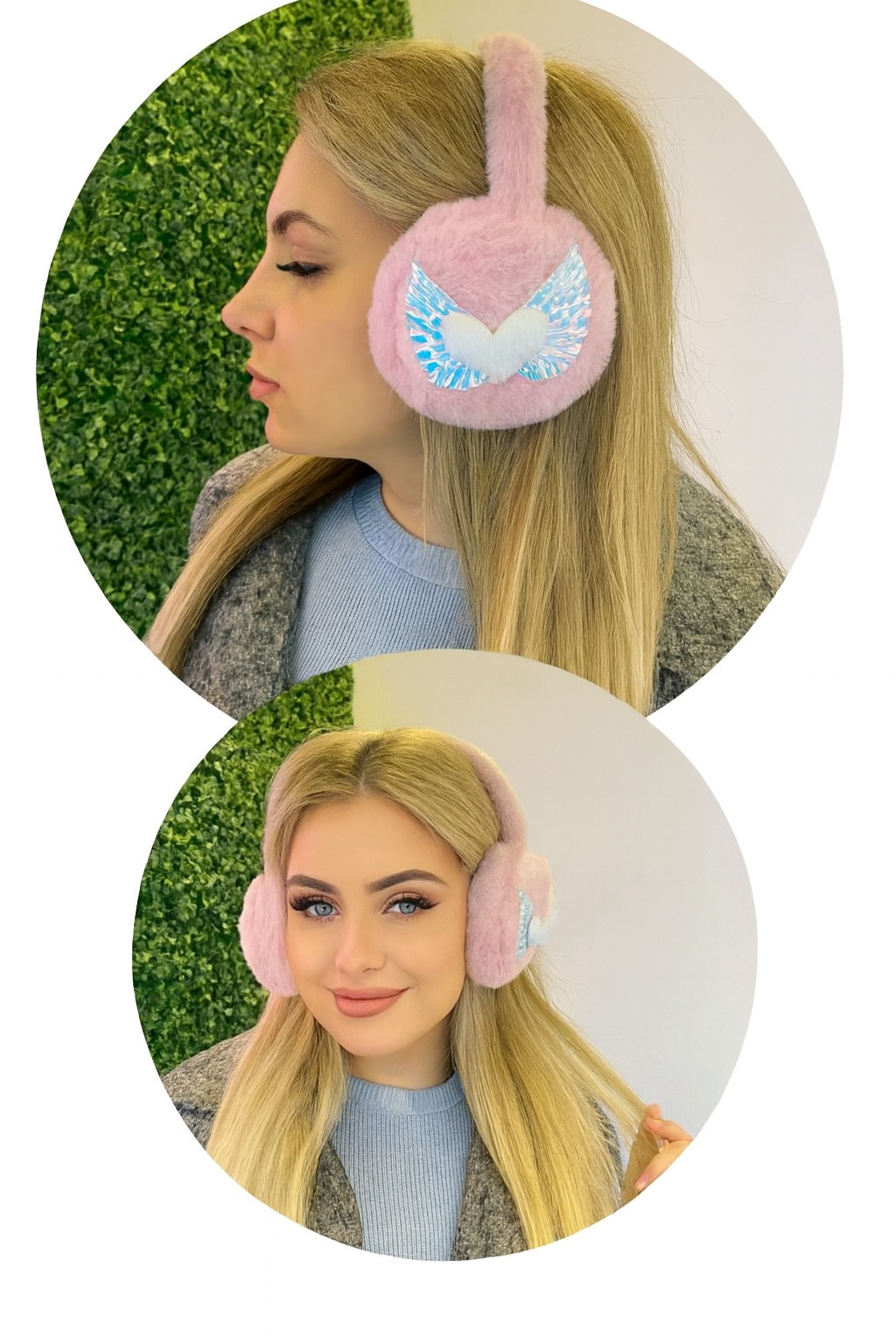 Pudra Renk Kalp Detaylı Peluş Kulaklık