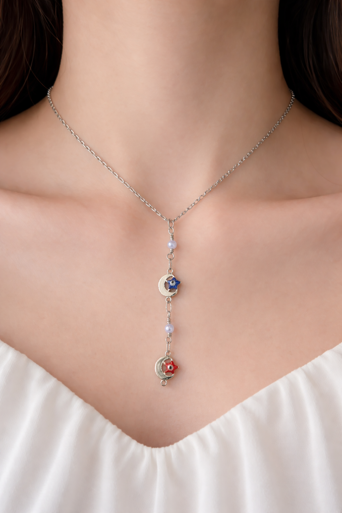 Gümüş Renk Ay Ve Yıldız Figürlü Çelik Kolye