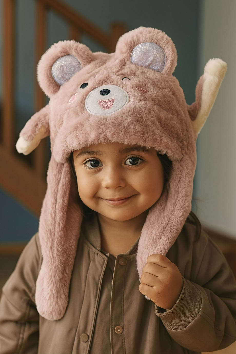 Pudra Renk Ayıcık Figürlü Kulakları Oynayan Peluş Şapka