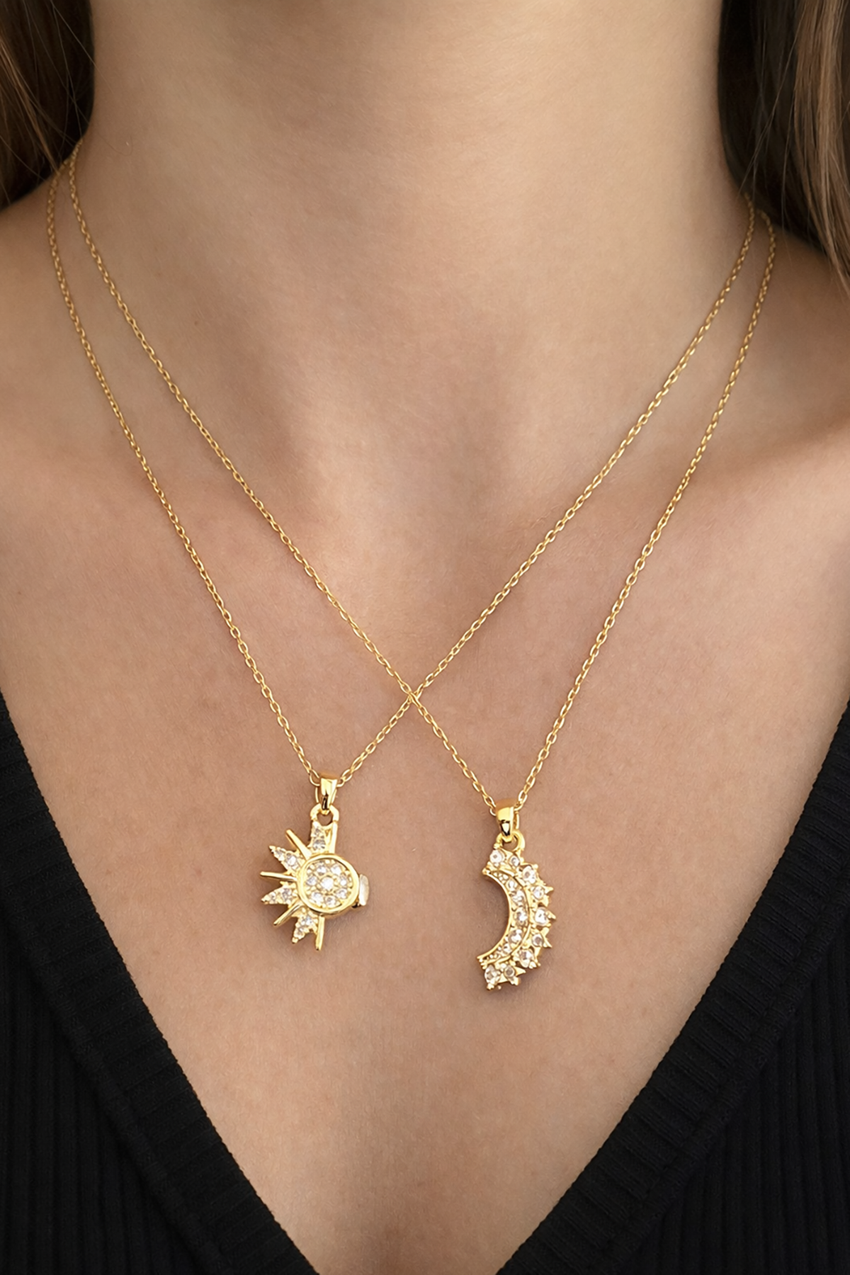 Altın Renk Ay Ve Güneş Figürlü Çelik Best Friend Kolye